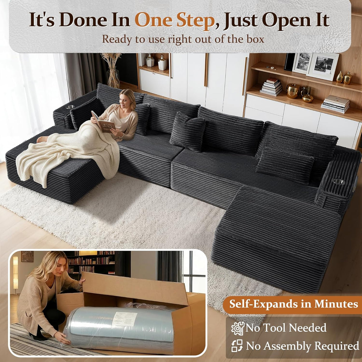 168"Modular Cloud Sectional Sofa with Chaise,Extra Deep Seat Corduroy Couch,Memory Foam,No Assembly,Living Room & Apartment,Dark Gray