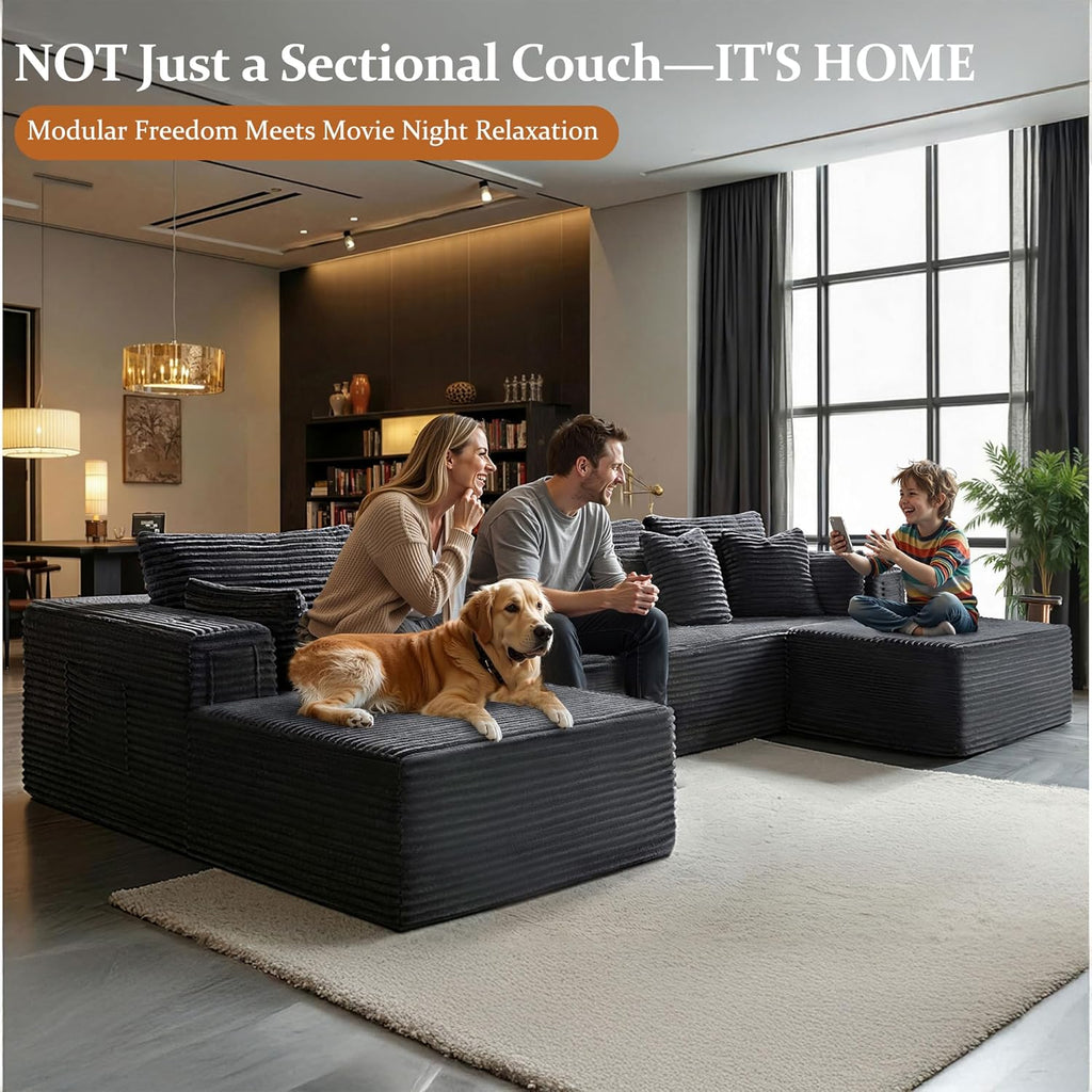 138"Modular Cloud Sectional Sofa with Chaise,Extra Deep Seat Corduroy Couch,Memory Foam,No Assembly,Living Room & Apartment,Dark Gray
