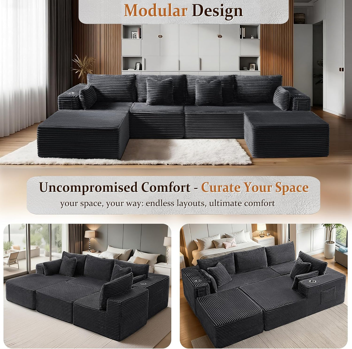 138"Modular Cloud Sectional Sofa with Chaise,Extra Deep Seat Corduroy Couch,Memory Foam,No Assembly,Living Room & Apartment,Dark Gray