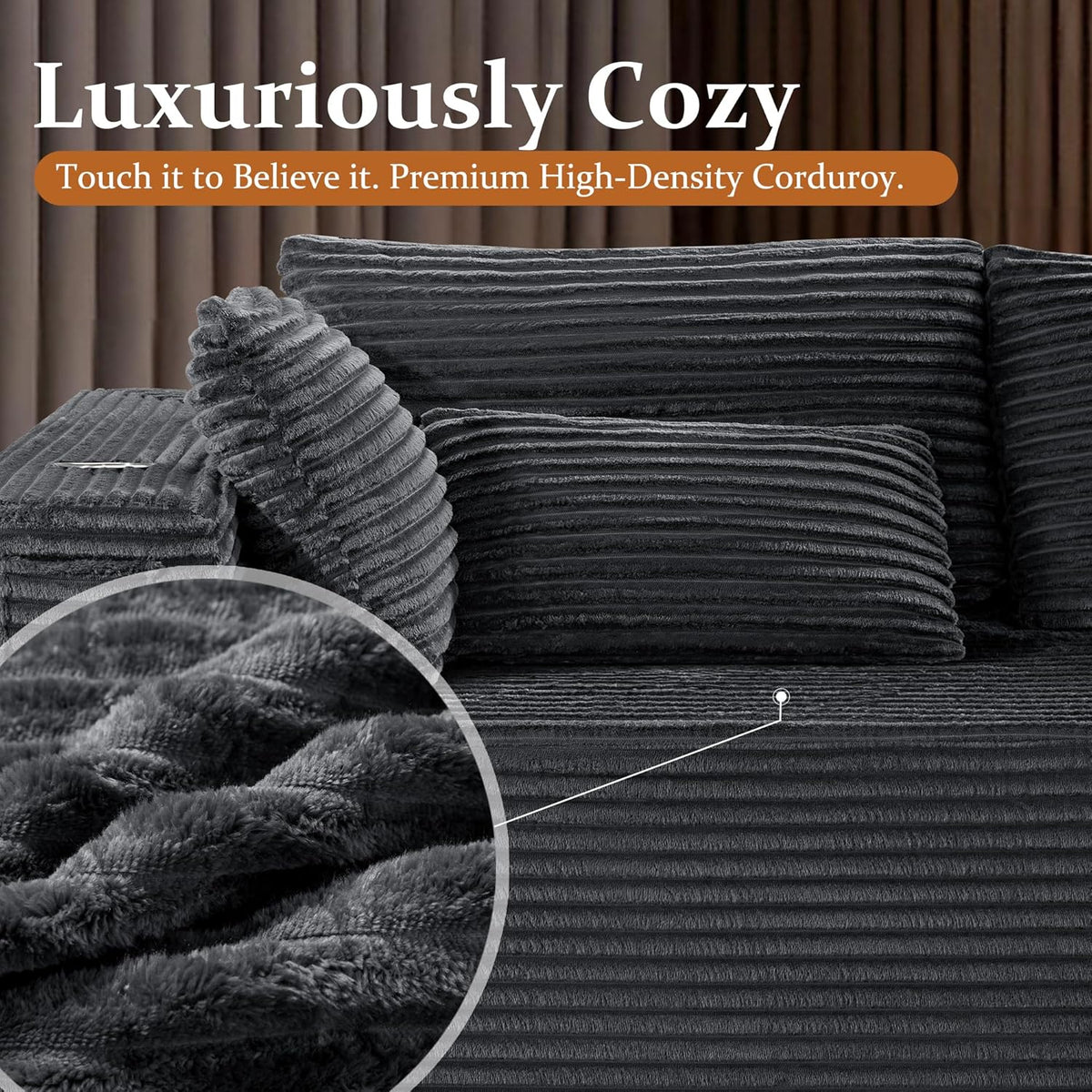 168"Modular Cloud Sectional Sofa with Chaise,Extra Deep Seat Corduroy Couch,Memory Foam,No Assembly,Living Room & Apartment,Dark Gray