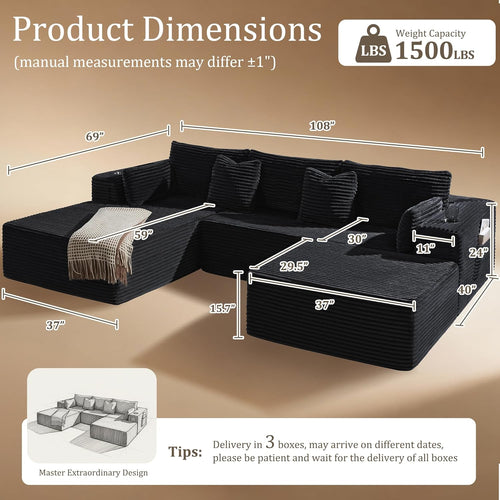 108"Modular Cloud Sectional Sofa with Chaise,Extra Deep Seat Corduroy Couch,Memory Foam,No Assembly,Living Room & Apartment,Black
