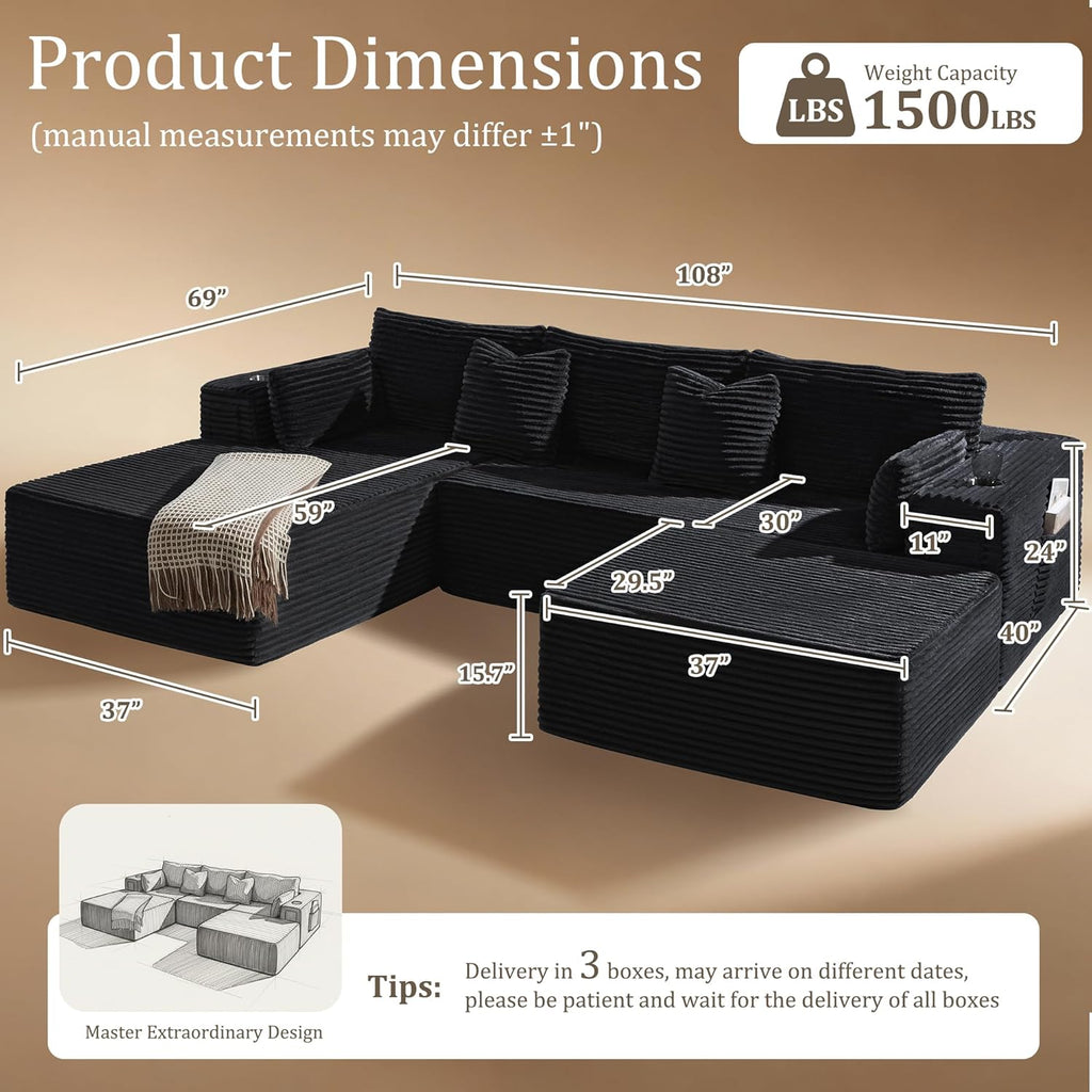 108"Modular Cloud Sectional Sofa with Chaise,Extra Deep Seat Corduroy Couch,Memory Foam,No Assembly,Living Room & Apartment,Dark Gray