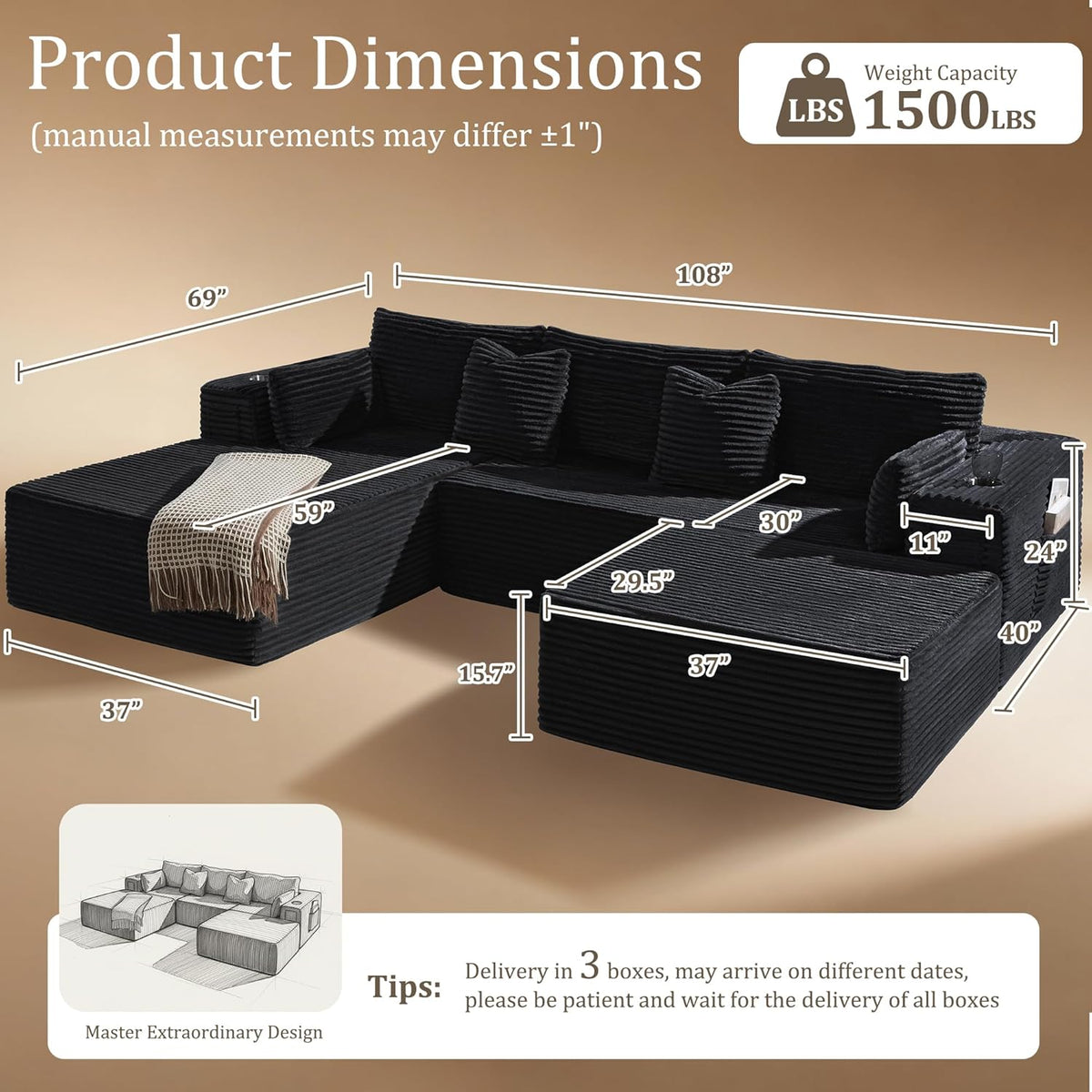 108"Modular Cloud Sectional Sofa with Chaise,Extra Deep Seat Corduroy Couch,Memory Foam,No Assembly,Living Room & Apartment,Dark Gray