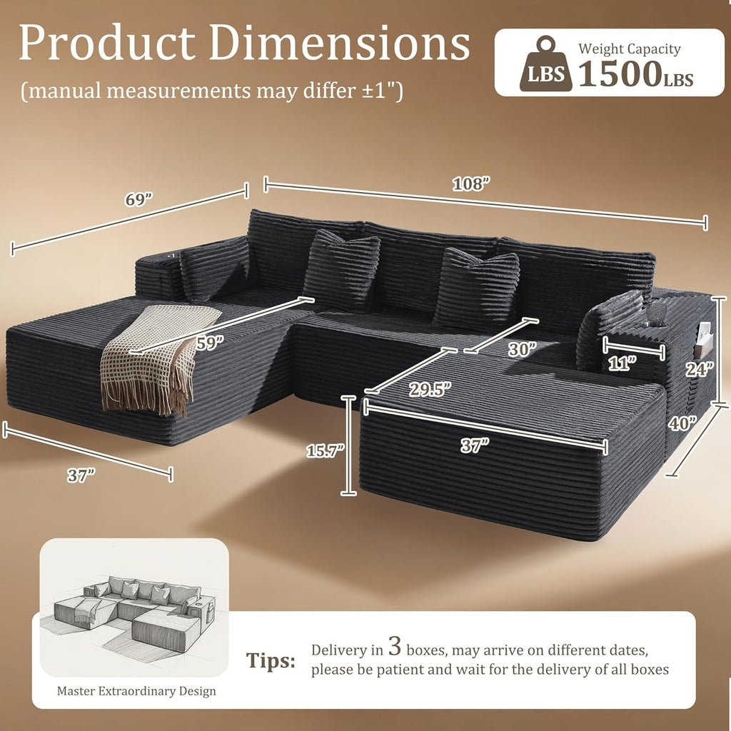 108"Modular Cloud Sectional Sofa with Chaise,Extra Deep Seat Corduroy Couch,Memory Foam,No Assembly,Living Room & Apartment,Dark Gray