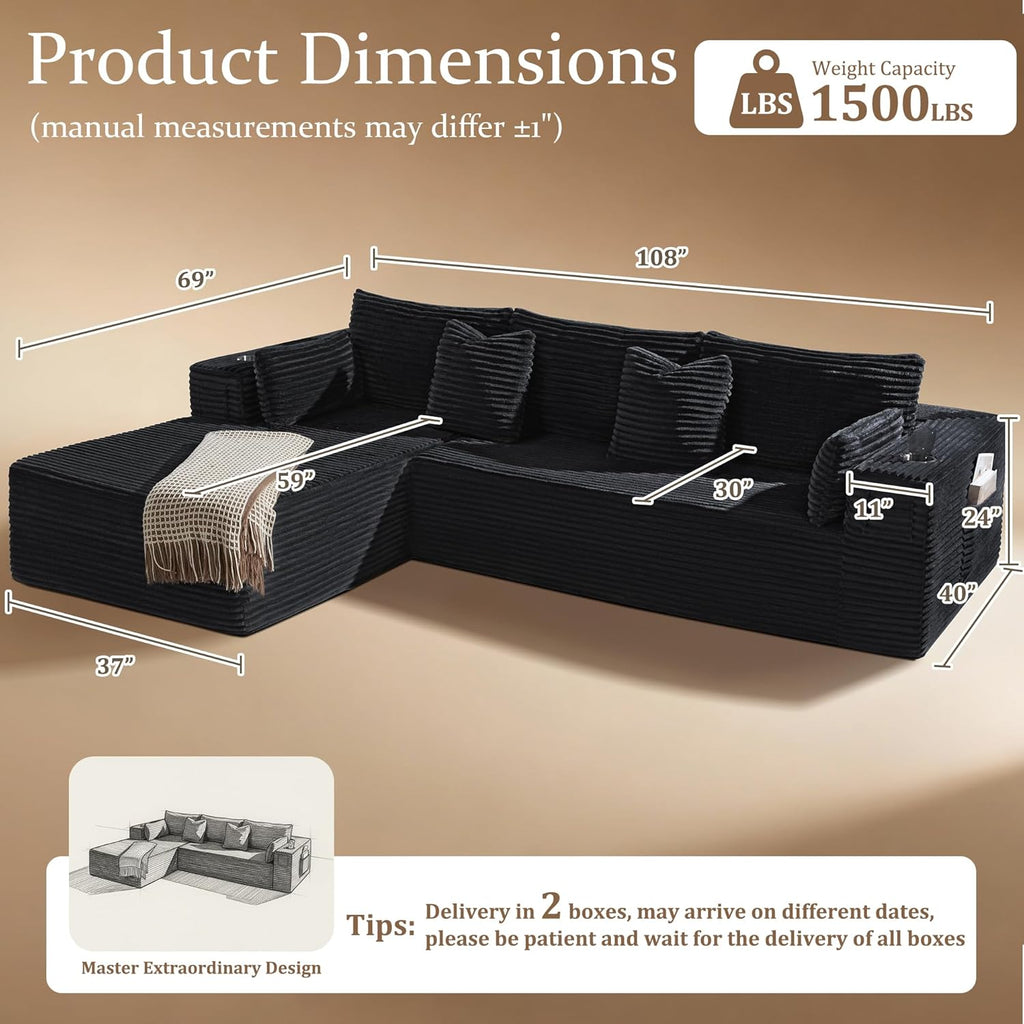 108"Modular Cloud Sectional Sofa with Chaise,Extra Deep Seat Corduroy Couch,Memory Foam,No Assembly,Living Room & Apartment,Black
