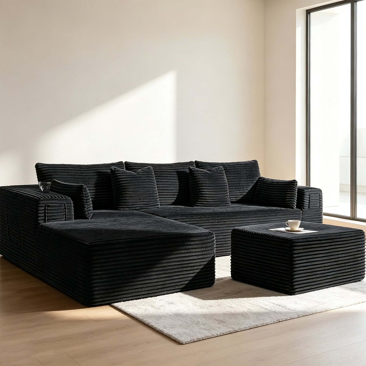 108"Modular Cloud Sectional Sofa with Chaise,Extra Deep Seat Corduroy Couch,Memory Foam,No Assembly,Living Room & Apartment,Black