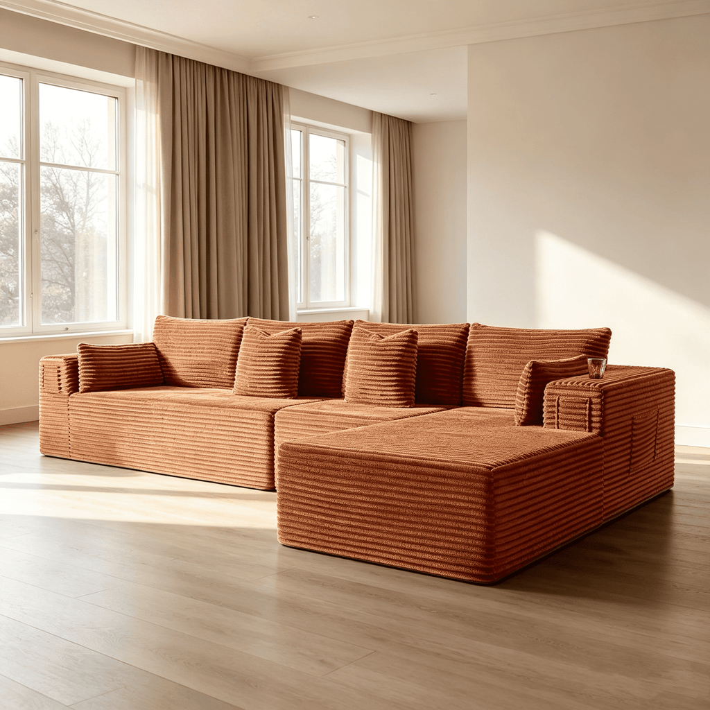 138"Modular Cloud Sectional Sofa with Chaise,Extra Deep Seat Corduroy Couch,Memory Foam,No Assembly,Living Room & Apartment,Orange