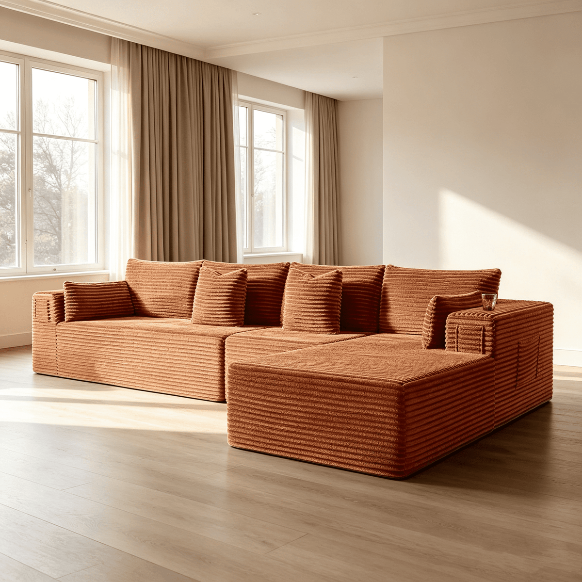 138"Modular Cloud Sectional Sofa with Chaise,Extra Deep Seat Corduroy Couch,Memory Foam,No Assembly,Living Room & Apartment,Orange