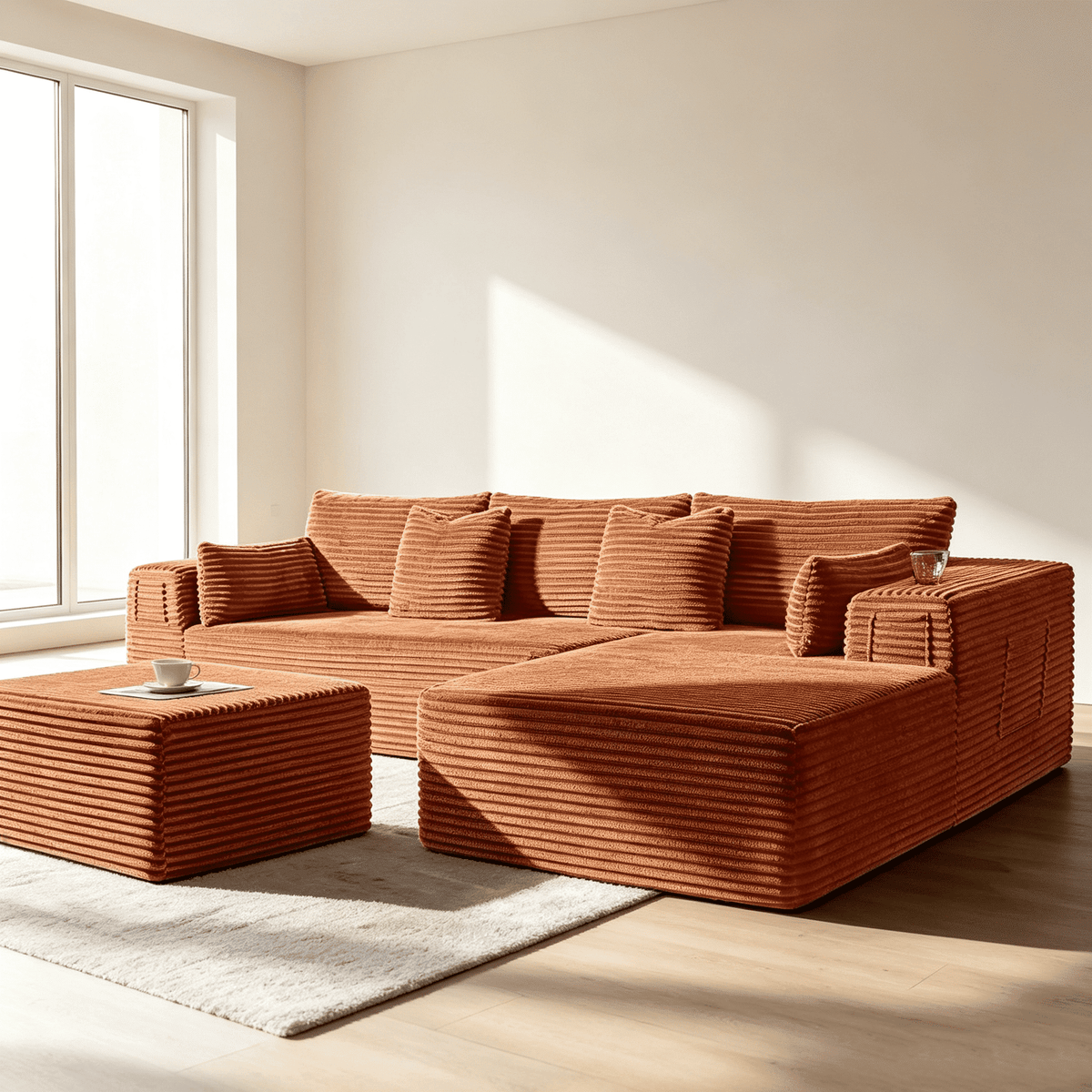 108"Modular Cloud Sectional Sofa with Chaise,Extra Deep Seat Corduroy Couch,Memory Foam,No Assembly,Living Room & Apartment,Orange