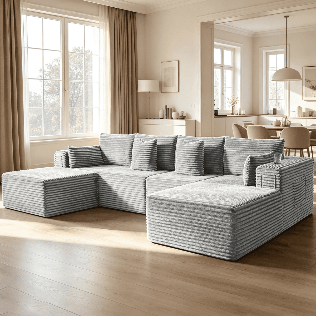 138"Modular Cloud Sectional Sofa with Chaise,Extra Deep Seat Corduroy Couch,Memory Foam,No Assembly,Living Room & Apartment,Light Gray