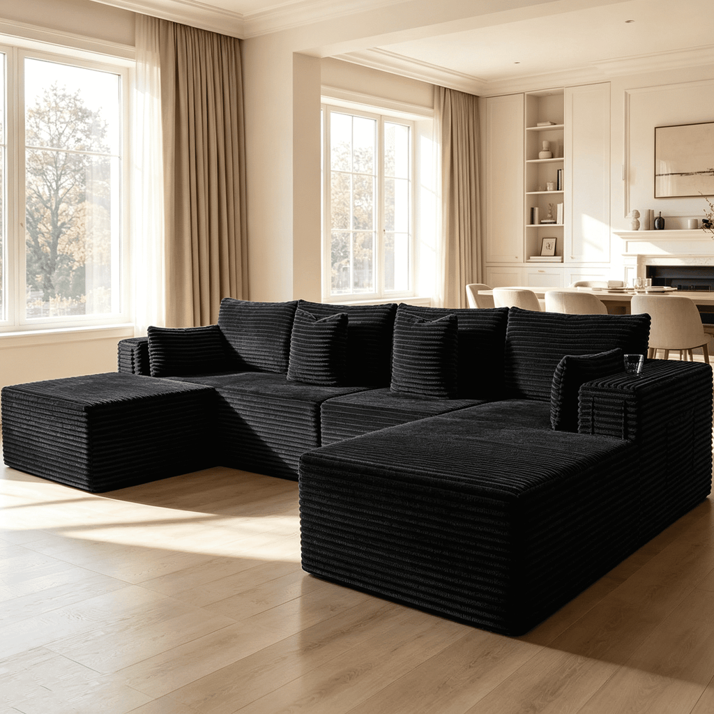 138"Modular Cloud Sectional Sofa with Chaise,Extra Deep Seat Corduroy Couch,Memory Foam,No Assembly,Living Room & Apartment,Black