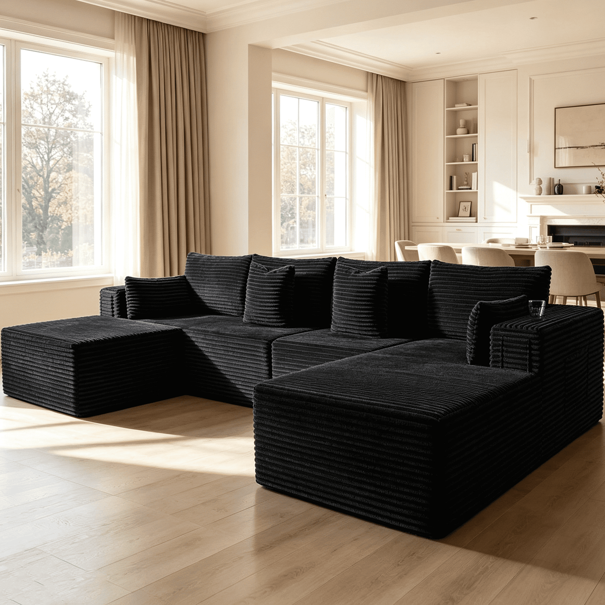 138"Modular Cloud Sectional Sofa with Chaise,Extra Deep Seat Corduroy Couch,Memory Foam,No Assembly,Living Room & Apartment,Black