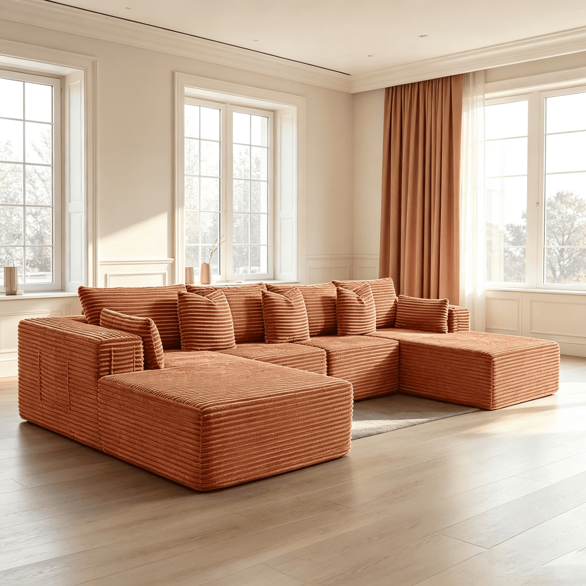 138"Modular Cloud Sectional Sofa with Chaise,Extra Deep Seat Corduroy Couch,Memory Foam,No Assembly,Living Room & Apartment,Orange