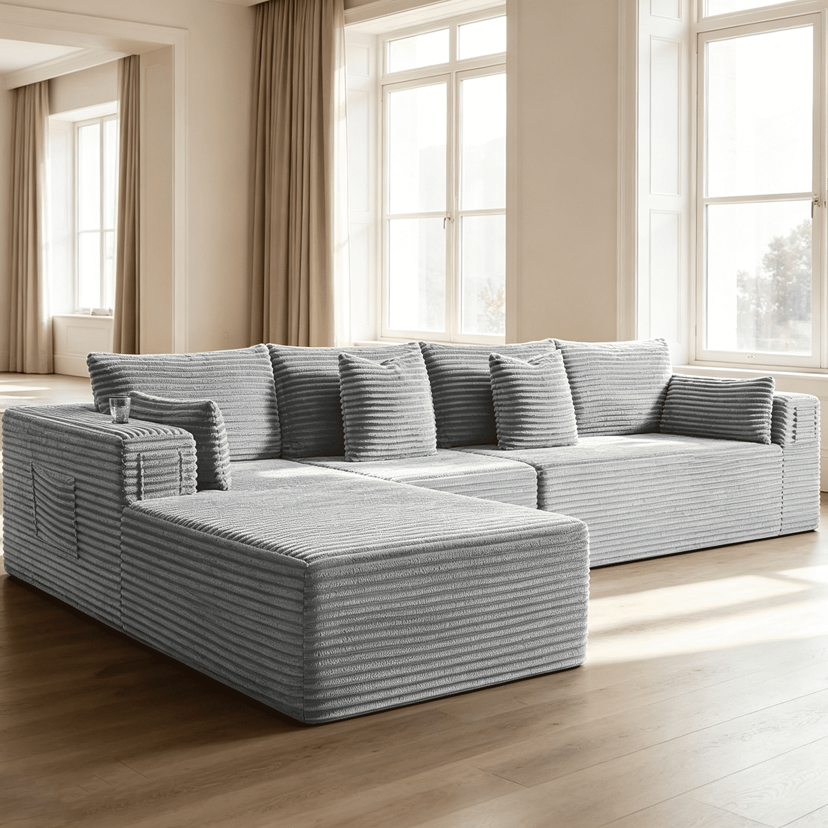 138"Modular Cloud Sectional Sofa with Chaise,Extra Deep Seat Corduroy Couch,Memory Foam,No Assembly,Living Room & Apartment,Light Gray