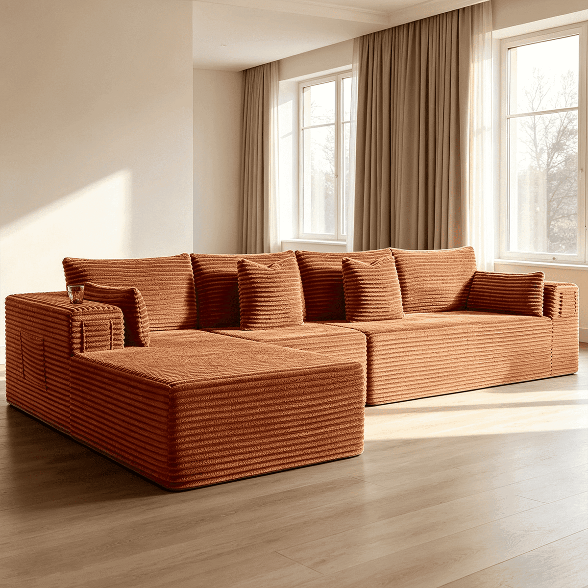 138"Modular Cloud Sectional Sofa with Chaise,Extra Deep Seat Corduroy Couch,Memory Foam,No Assembly,Living Room & Apartment,Orange