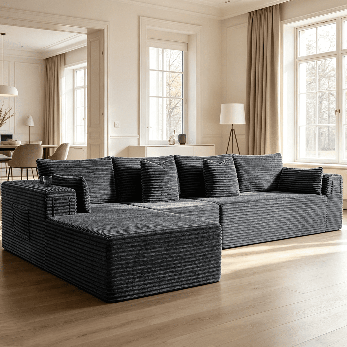 138"Modular Cloud Sectional Sofa with Chaise,Extra Deep Seat Corduroy Couch,Memory Foam,No Assembly,Living Room & Apartment,Dark Gray