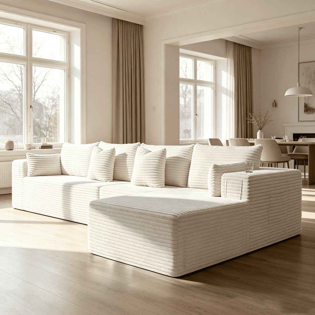 138"Modular Cloud Sectional Sofa with Chaise,Extra Deep Seat Corduroy Couch,Memory Foam,No Assembly,Living Room & Apartment,Beige