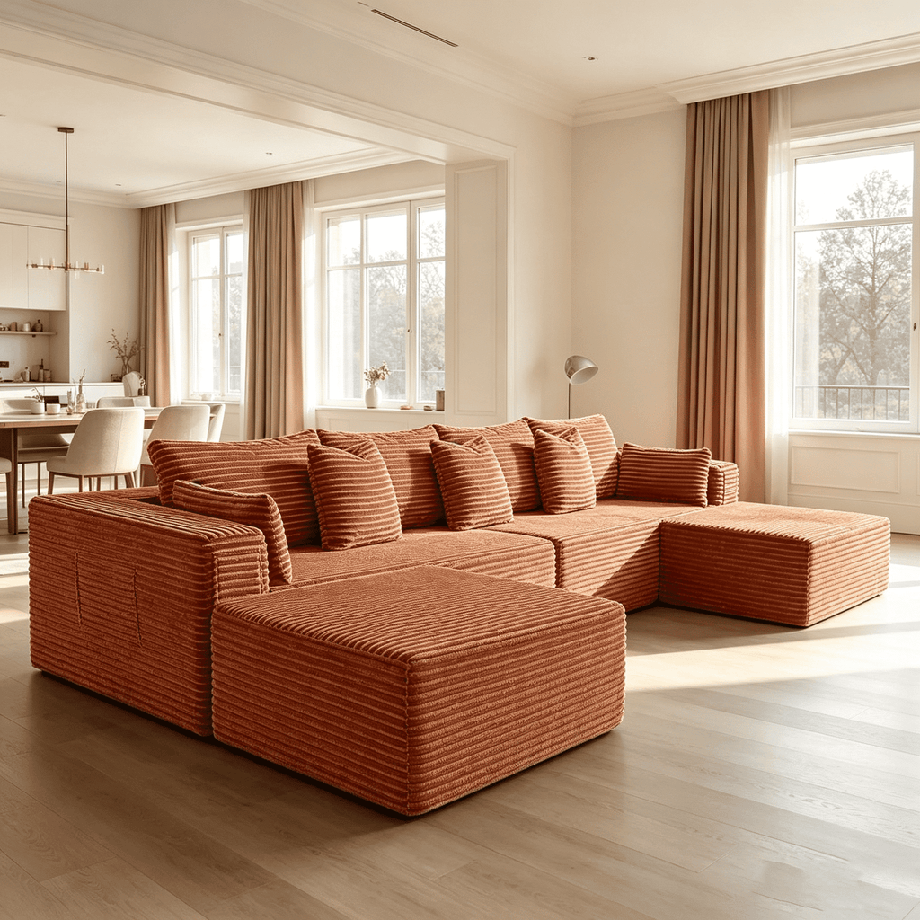 138"Modular Cloud Sectional Sofa with Chaise,Extra Deep Seat Corduroy Couch,Memory Foam,No Assembly,Living Room & Apartment,Orange