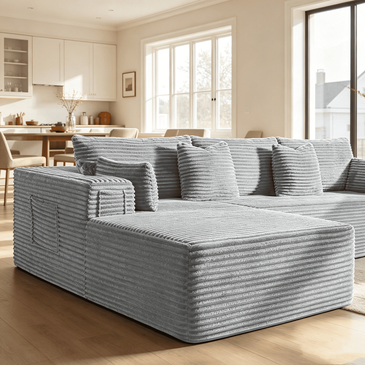 108"Modular Cloud Sectional Sofa with Chaise,Extra Deep Seat Corduroy Couch,Memory Foam,No Assembly,Living Room & Apartment,Light Gray