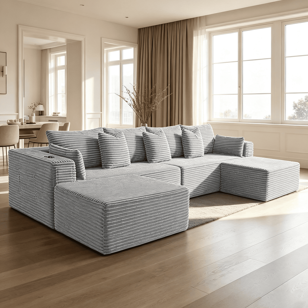 138"Modular Cloud Sectional Sofa with Chaise,Extra Deep Seat Corduroy Couch,Memory Foam,No Assembly,Living Room & Apartment,Light Gray