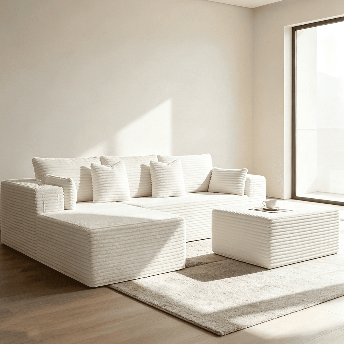 108"Modular Cloud Sectional Sofa with Chaise,Extra Deep Seat Corduroy Couch,Memory Foam,No Assembly,Living Room & Apartment,Beige