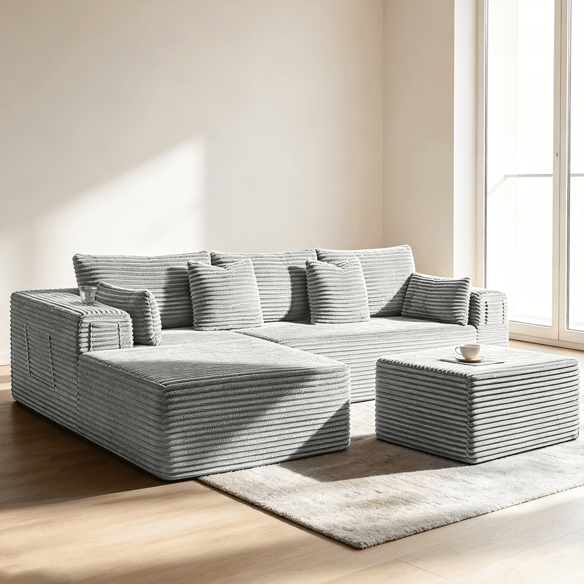 108"Modular Cloud Sectional Sofa with Chaise,Extra Deep Seat Corduroy Couch,Memory Foam,No Assembly,Living Room & Apartment,Light Gray