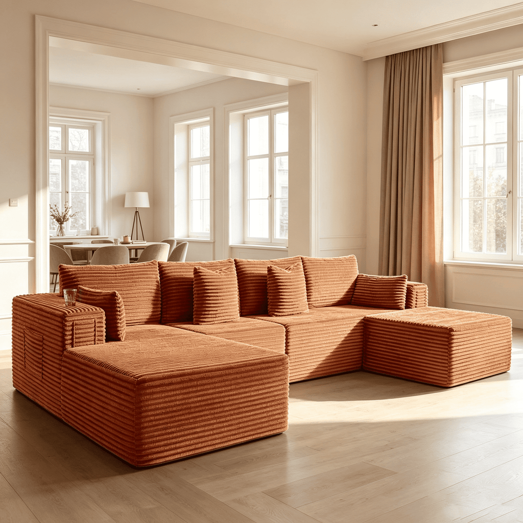 138"Modular Cloud Sectional Sofa with Chaise,Extra Deep Seat Corduroy Couch,Memory Foam,No Assembly,Living Room & Apartment,Orange