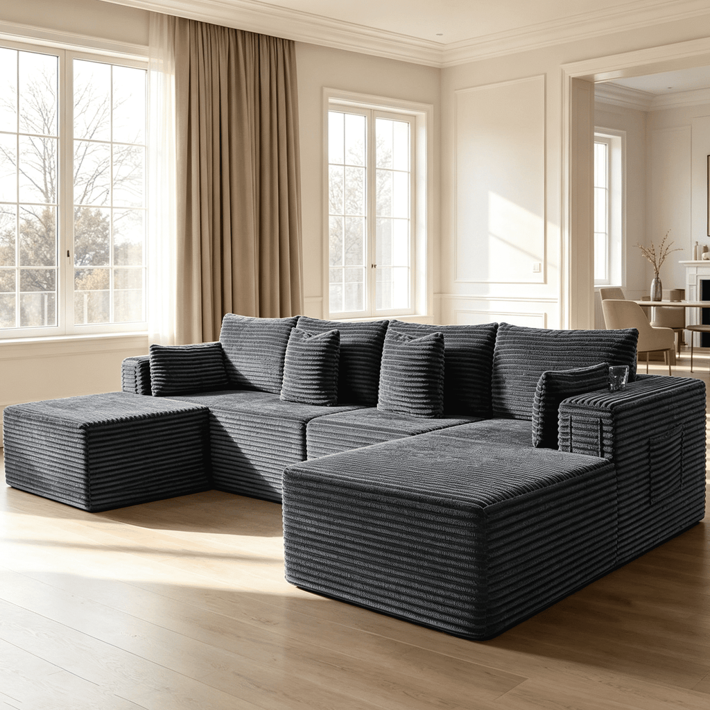138"Modular Cloud Sectional Sofa with Chaise,Extra Deep Seat Corduroy Couch,Memory Foam,No Assembly,Living Room & Apartment,Dark Gray