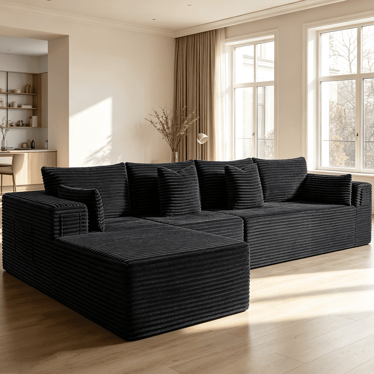 138"Modular Cloud Sectional Sofa with Chaise,Extra Deep Seat Corduroy Couch,Memory Foam,No Assembly,Living Room & Apartment,Black