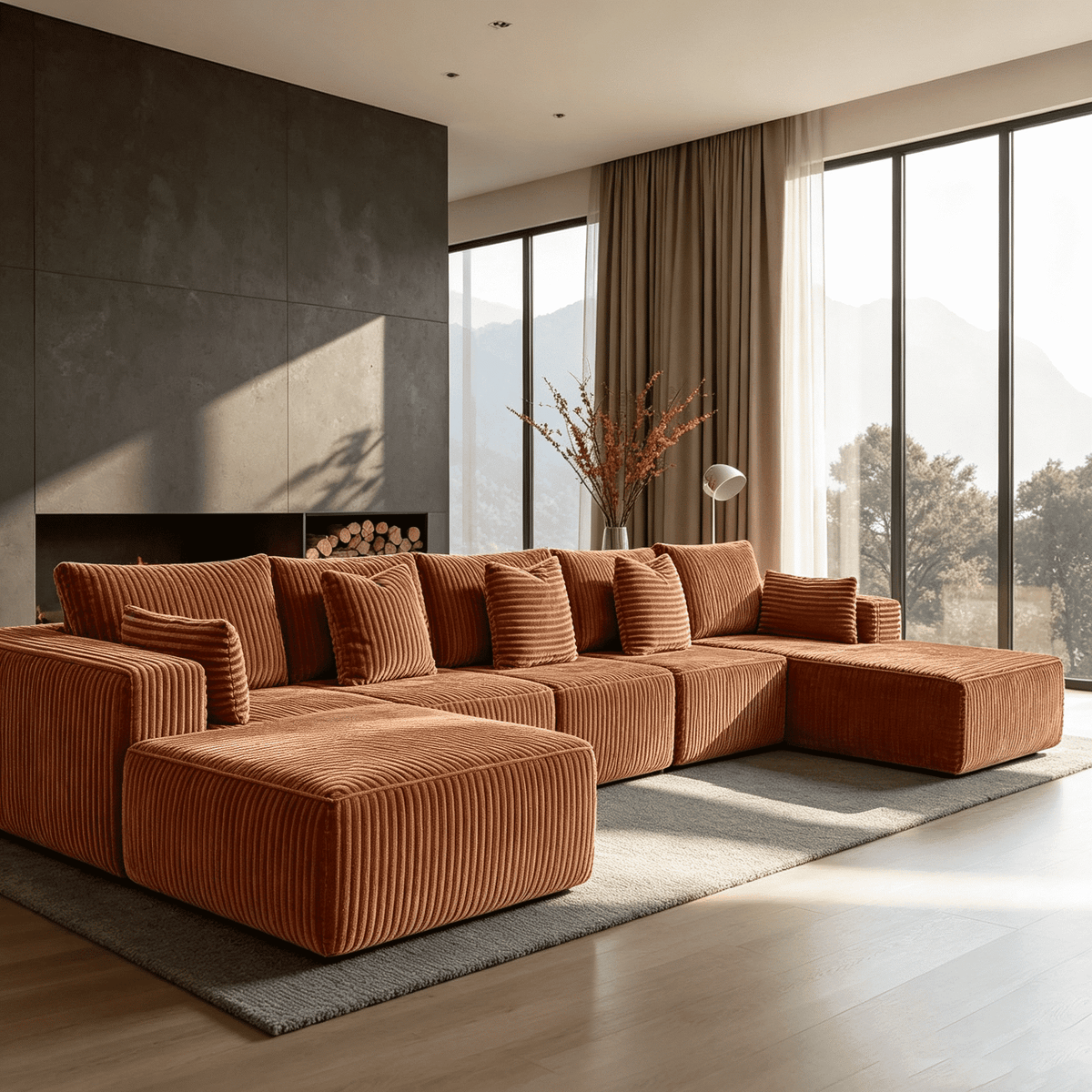 168"Modular Cloud Sectional Sofa with Chaise,Extra Deep Seat Corduroy Couch,Memory Foam,No Assembly,Living Room & Apartment,Orange