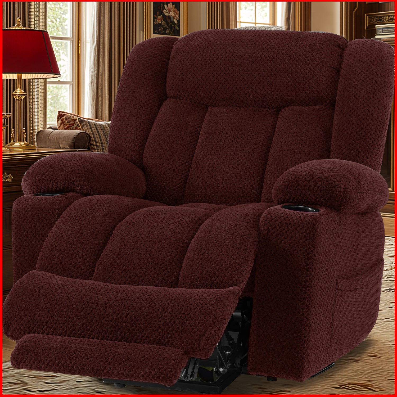 Power Lift Recliner Chair for Elderly with Heat & Massage, Large Wide Heavy Duty Electric Lift Chair with Extended Footrest, Plush Flannel Recliner with Cup Holders and Side Pockets, Red