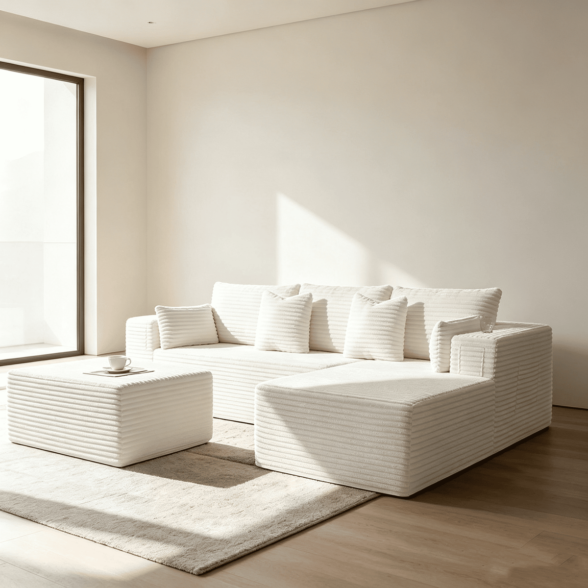 108"Modular Cloud Sectional Sofa with Chaise,Extra Deep Seat Corduroy Couch,Memory Foam,No Assembly,Living Room & Apartment,Beige