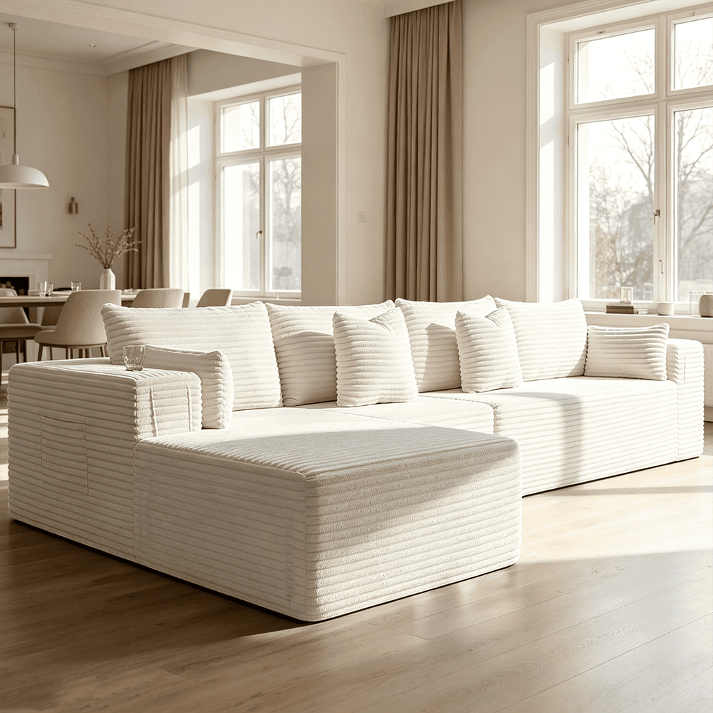 138"Modular Cloud Sectional Sofa with Chaise,Extra Deep Seat Corduroy Couch,Memory Foam,No Assembly,Living Room & Apartment,Beige