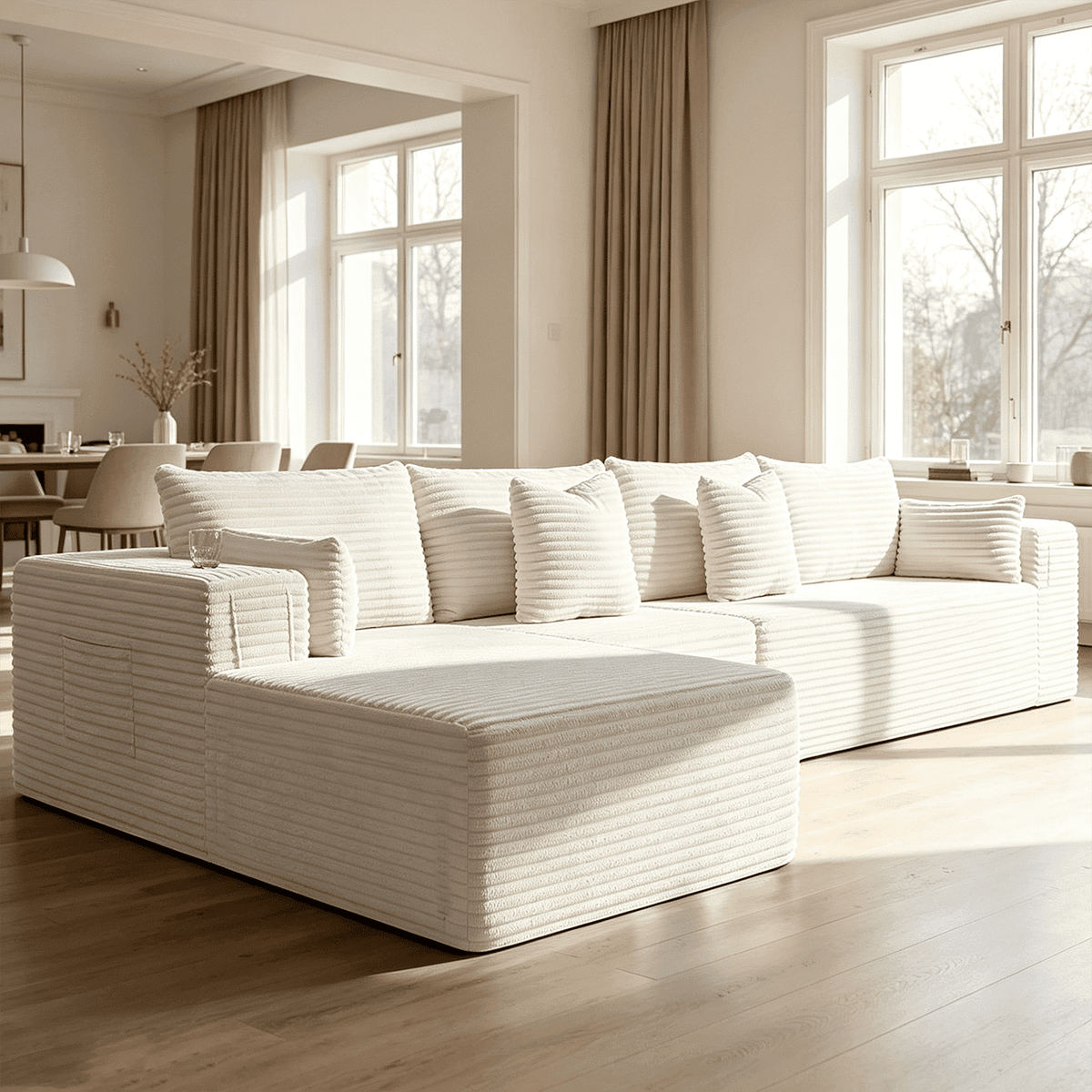 138"Modular Cloud Sectional Sofa with Chaise,Extra Deep Seat Corduroy Couch,Memory Foam,No Assembly,Living Room & Apartment,Beige