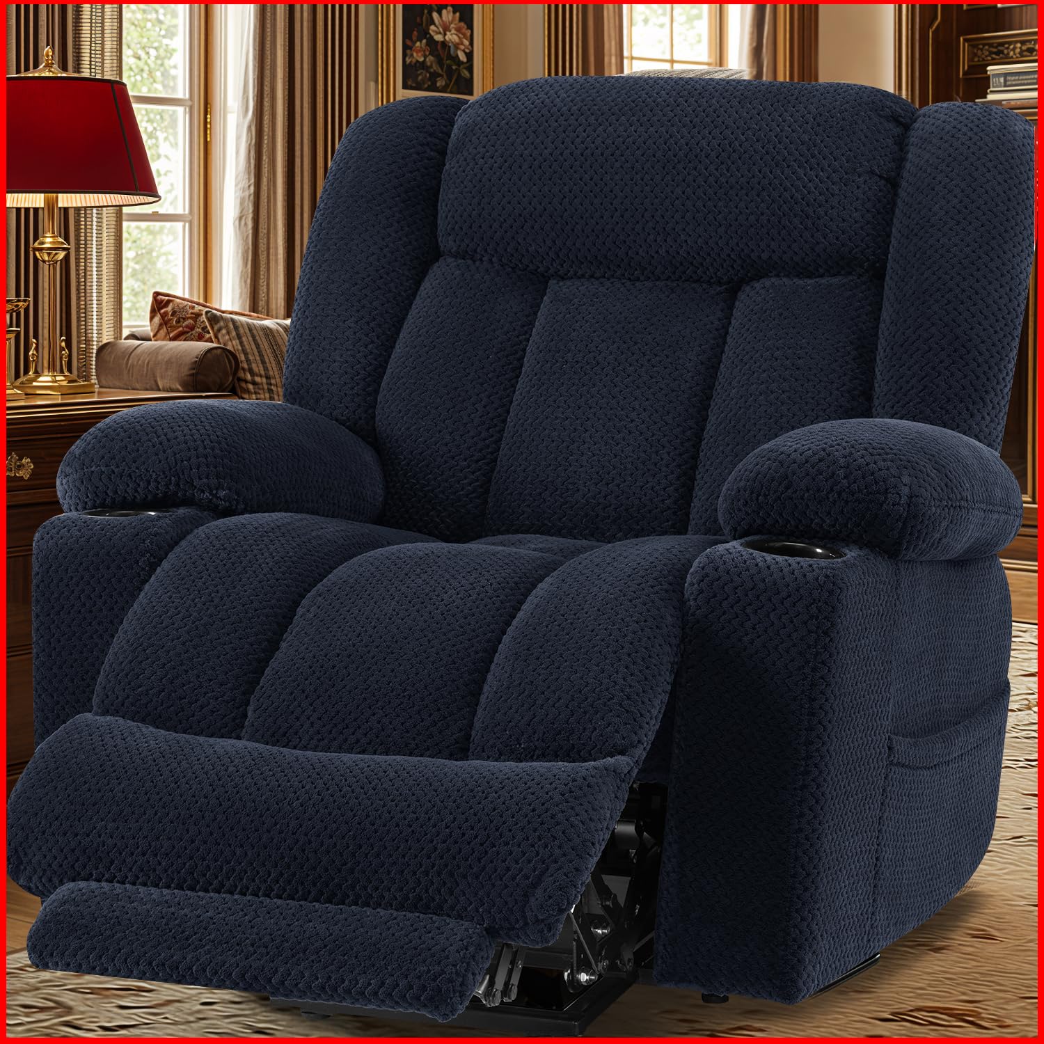 Power Lift Recliner Chair for Elderly with Heating & Vibration Massage, Large Wide Heavy Duty Extended Footrest for Big & Tall, 2 Cup Holders & Side Pockets Plush Flannel,Blue