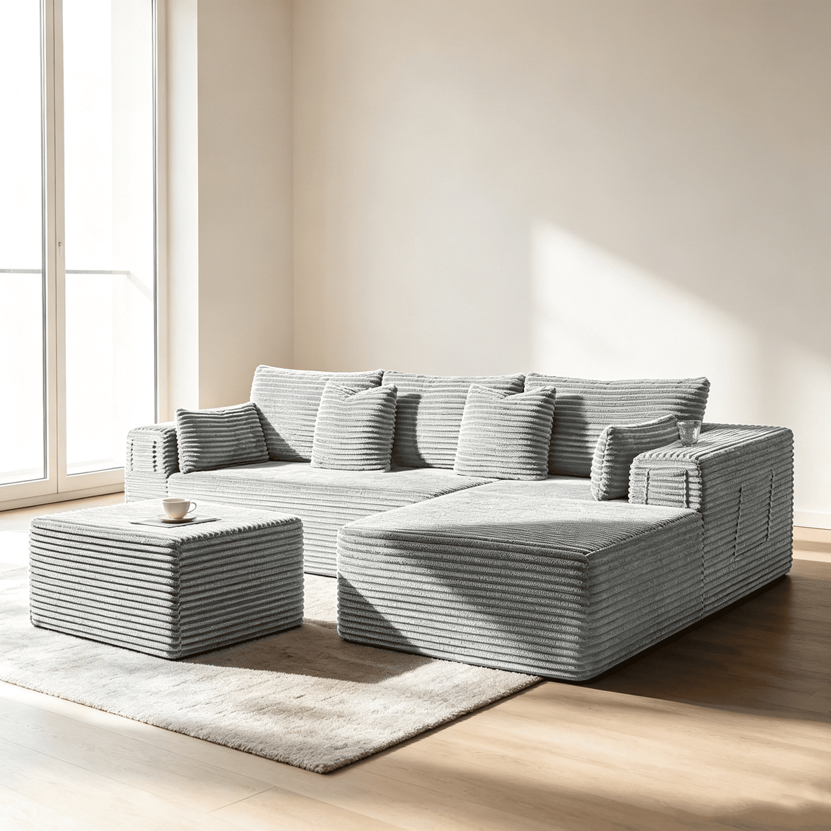 108"Modular Cloud Sectional Sofa with Chaise,Extra Deep Seat Corduroy Couch,Memory Foam,No Assembly,Living Room & Apartment,Light Gray