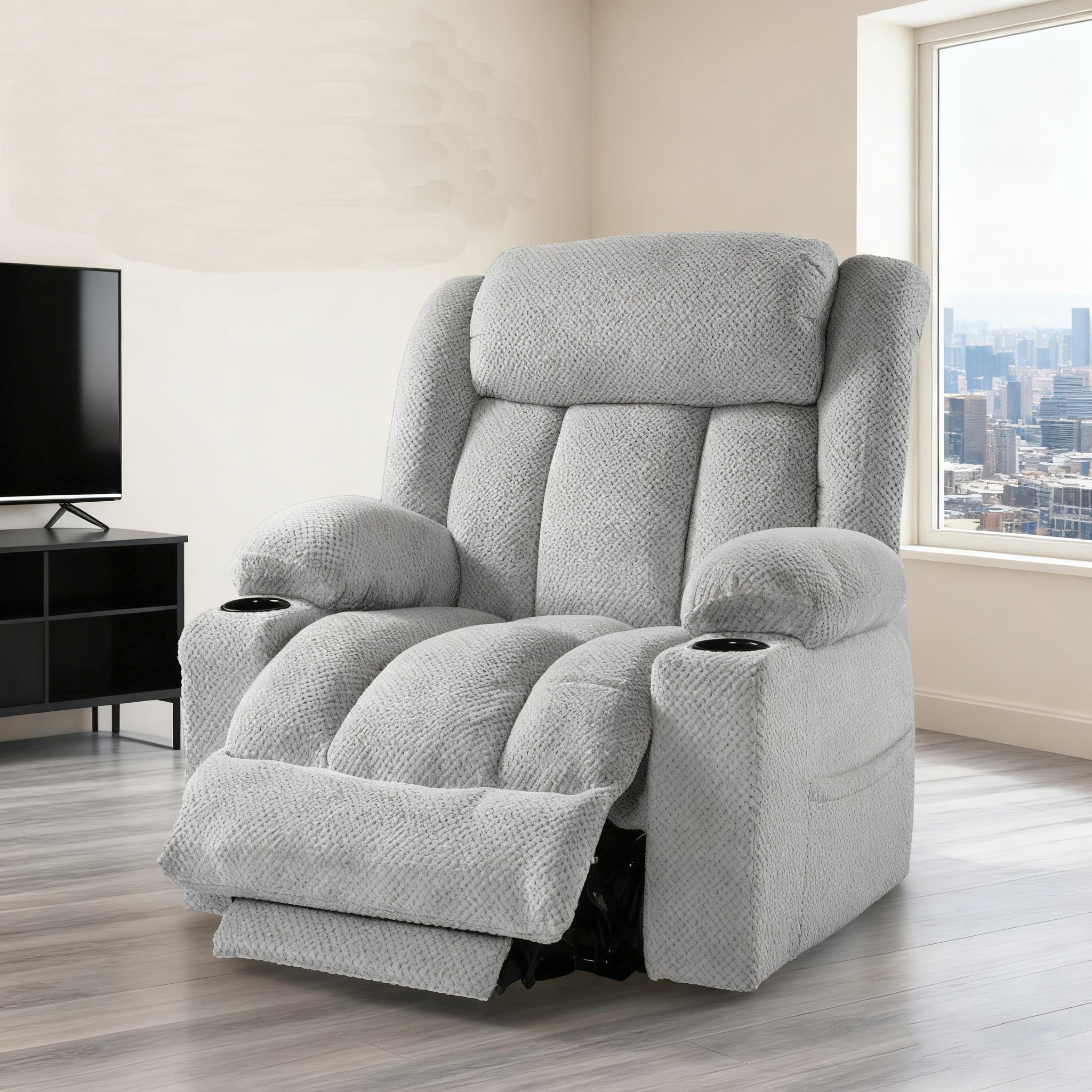 Power Lift Recliner Chair for Elderly with Heat and Vibration Massage, Large Wide Electric Lift Chair with Extended Footrest, Plush Flannel Recliner with 2 Cup Holders and Side Pockets, Light Grey
