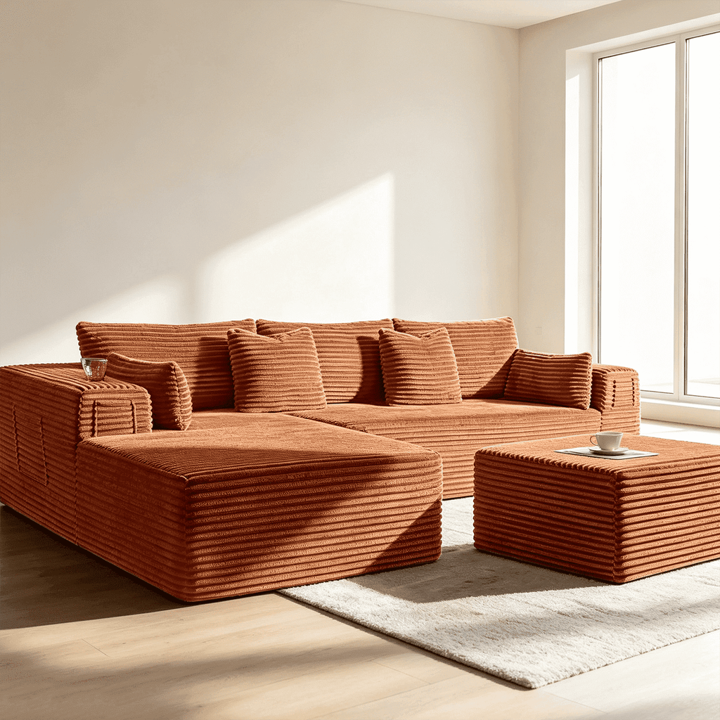 108"Modular Cloud Sectional Sofa with Chaise,Extra Deep Seat Corduroy Couch,Memory Foam,No Assembly,Living Room & Apartment,Orange
