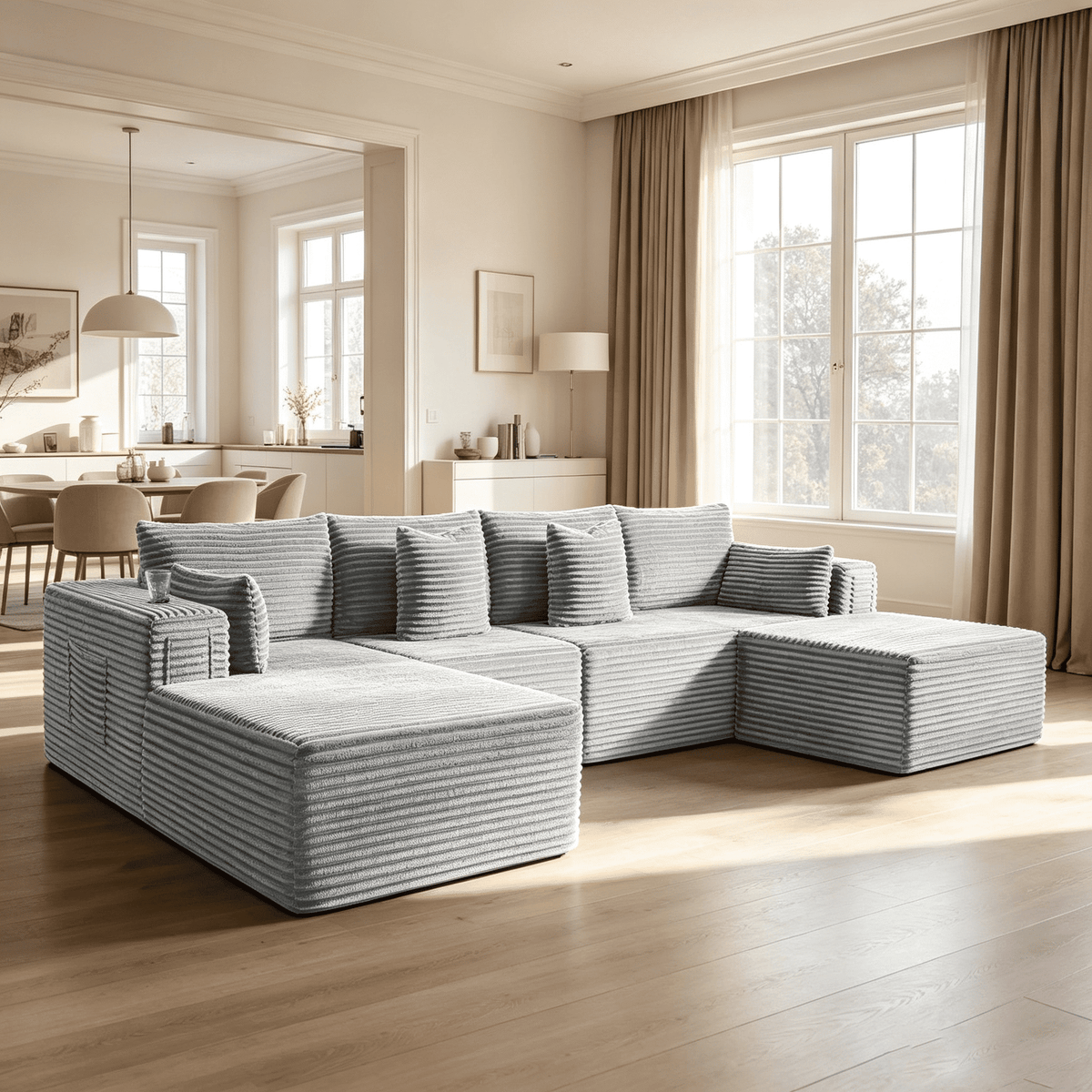 138"Modular Cloud Sectional Sofa with Chaise,Extra Deep Seat Corduroy Couch,Memory Foam,No Assembly,Living Room & Apartment,Light Gray