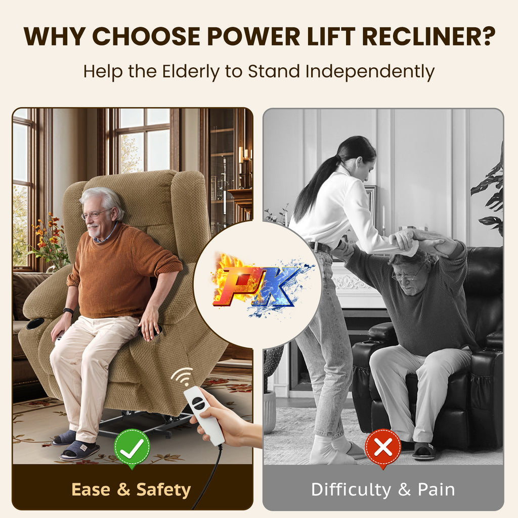 Power Lift Recliner Chair for Elderly with Heating & Vibration Massage, Large Wide Heavy Duty Extended Footrest for Big & Tall, 2 Cup Holders & Side Pockets Plush Flannel