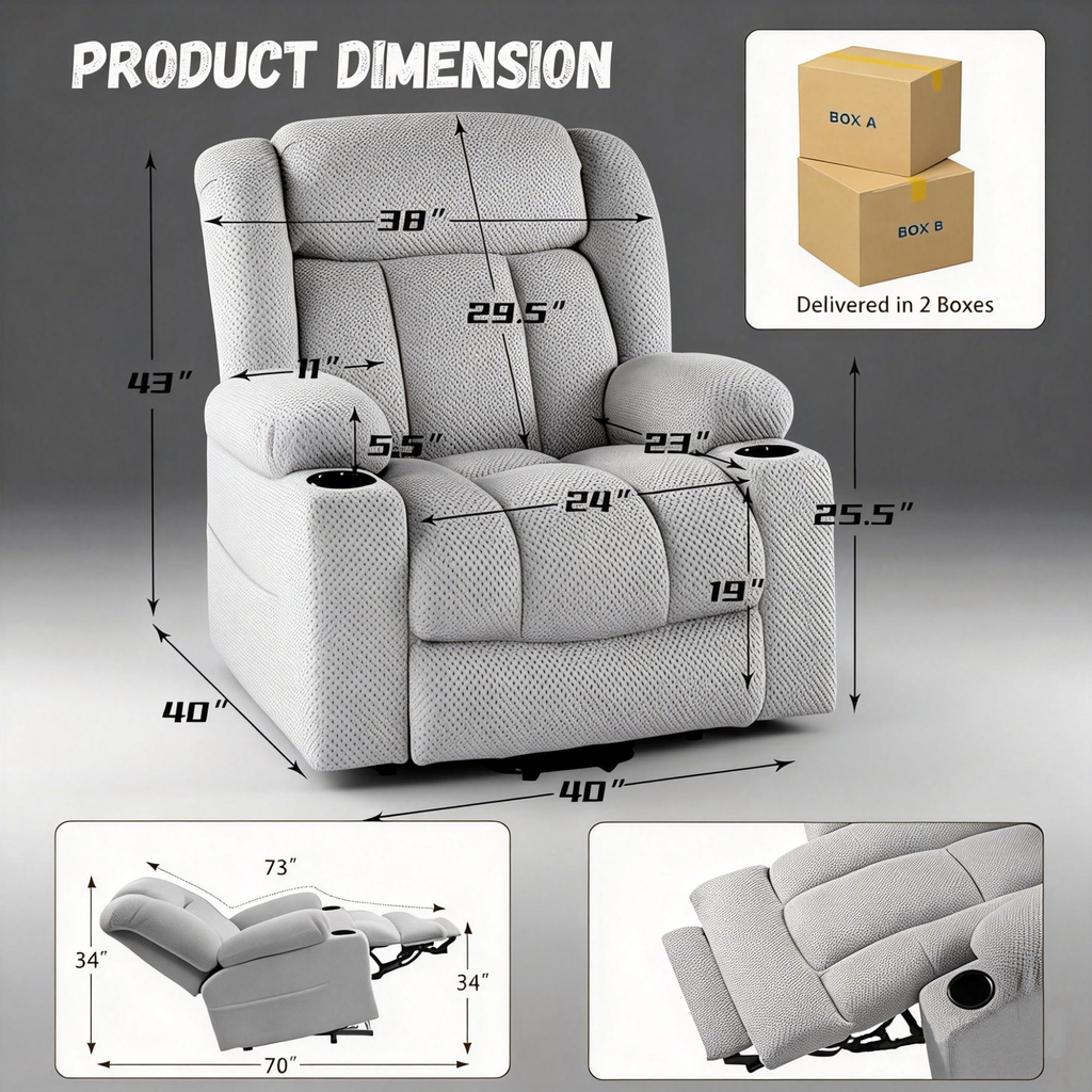 Power Lift Recliner Chair for Elderly with Heat and Vibration Massage, Large Wide Electric Lift Chair with Extended Footrest, Plush Flannel Recliner with 2 Cup Holders and Side Pockets, Light Grey