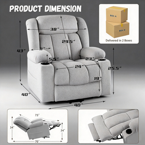 Power Lift Recliner Chair for Elderly with Heat and Vibration Massage, Large Wide Electric Lift Chair with Extended Footrest, Plush Flannel Recliner with 2 Cup Holders and Side Pockets, Light Grey