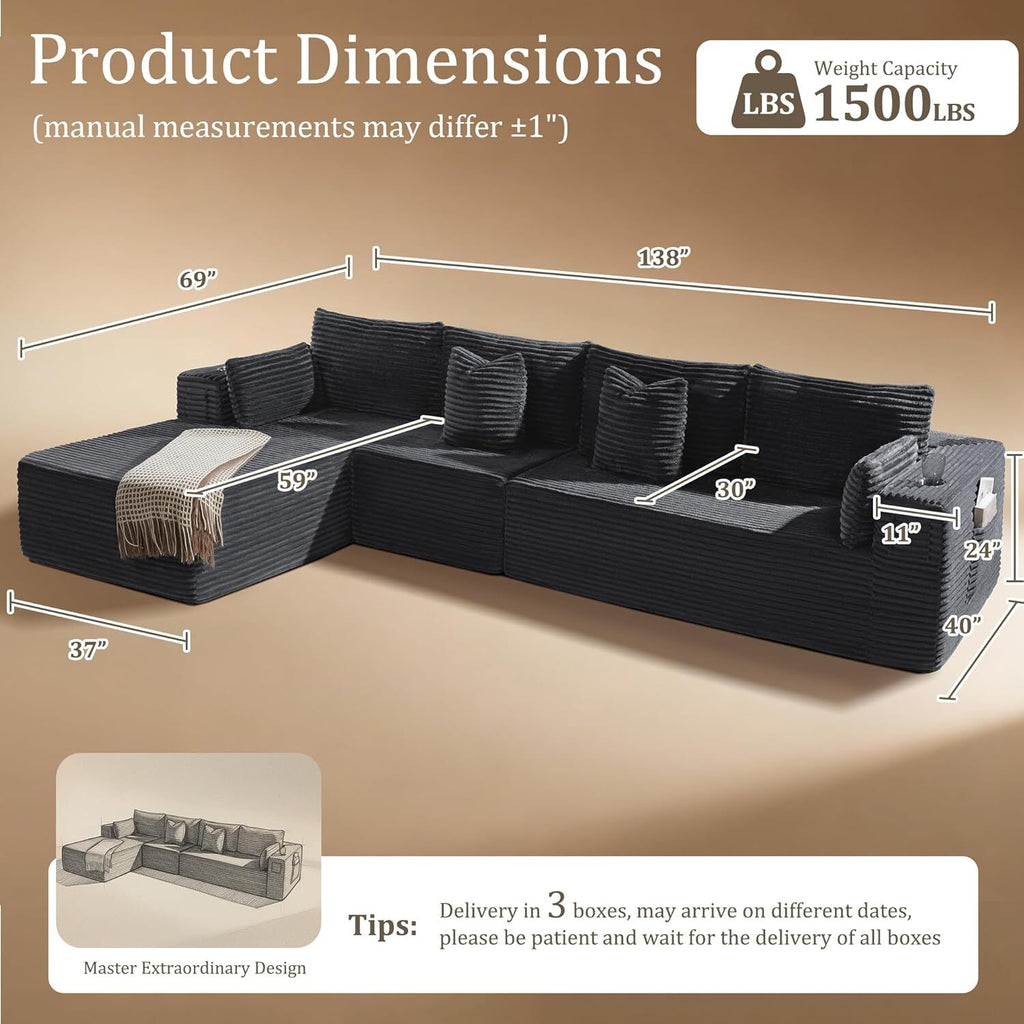 138"Modular Cloud Sectional Sofa with Chaise,Extra Deep Seat Corduroy Couch,Memory Foam,No Assembly,Living Room & Apartment,Dark Gray