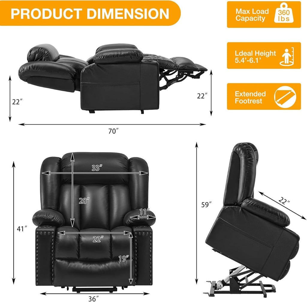 Triple Motor Power Lift Recliner Chair for Elderly with Heat & Vibration Massage,Extended Footrest,USB-A & USB-C Ports,Faux Leather,Black