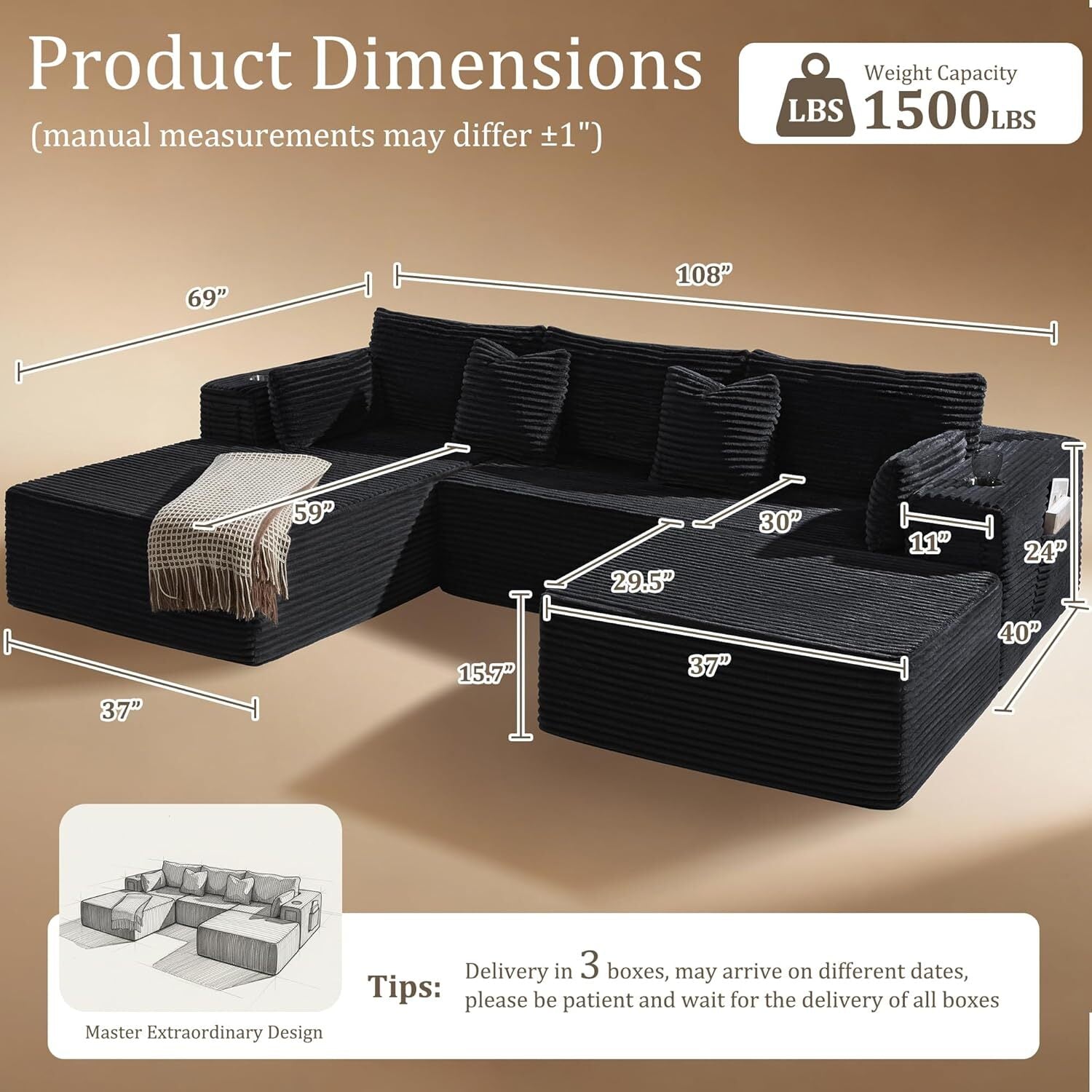 108"Modular Cloud Sectional Sofa with Chaise,Extra Deep Seat Corduroy Couch,Memory Foam,No Assembly,Living Room & Apartment,Black