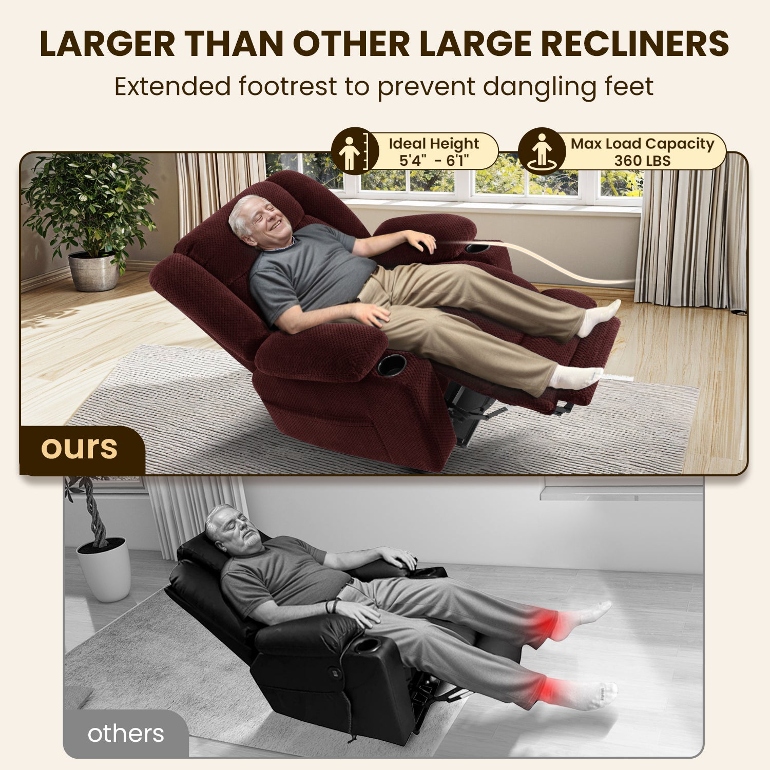 Power Lift Recliner Chair for Elderly with Heat & Massage, Large Wide Heavy Duty Electric Lift Chair with Extended Footrest, Plush Flannel Recliner with Cup Holders and Side Pockets, Red