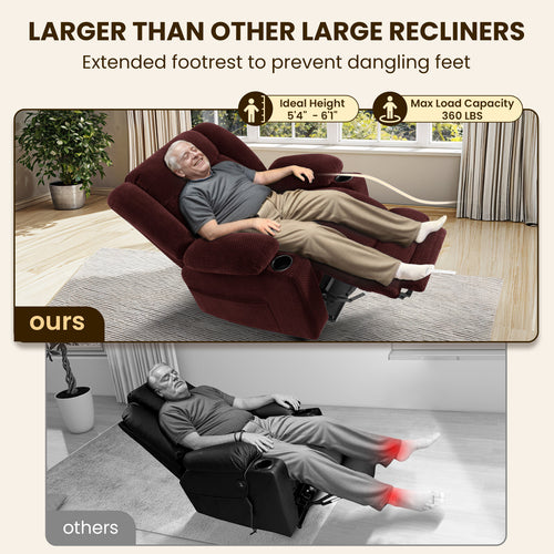 Power Lift Recliner Chair for Elderly with Heat & Massage, Large Wide Heavy Duty Electric Lift Chair with Extended Footrest, Plush Flannel Recliner with Cup Holders and Side Pockets, Red
