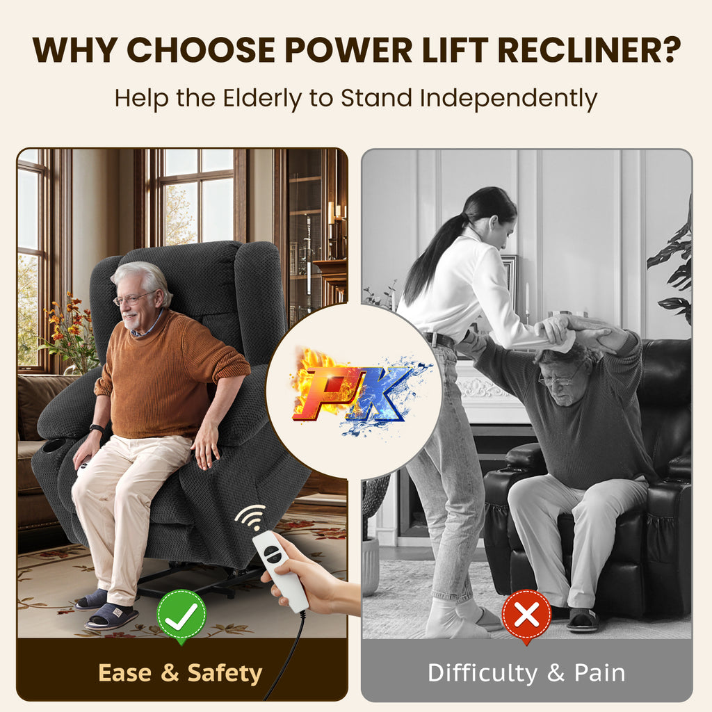 Power Lift Recliner Chair for Elderly with Heat and Massage, Large Wide Electric Lift Chair with Extended Footrest, Plush Flannel Recliner with 2 Cup Holders and Side Pockets, Gray