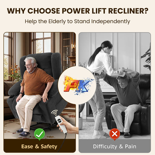 Power Lift Recliner Chair for Elderly with Heat and Massage, Large Wide Electric Lift Chair with Extended Footrest, Plush Flannel Recliner with 2 Cup Holders and Side Pockets, Gray