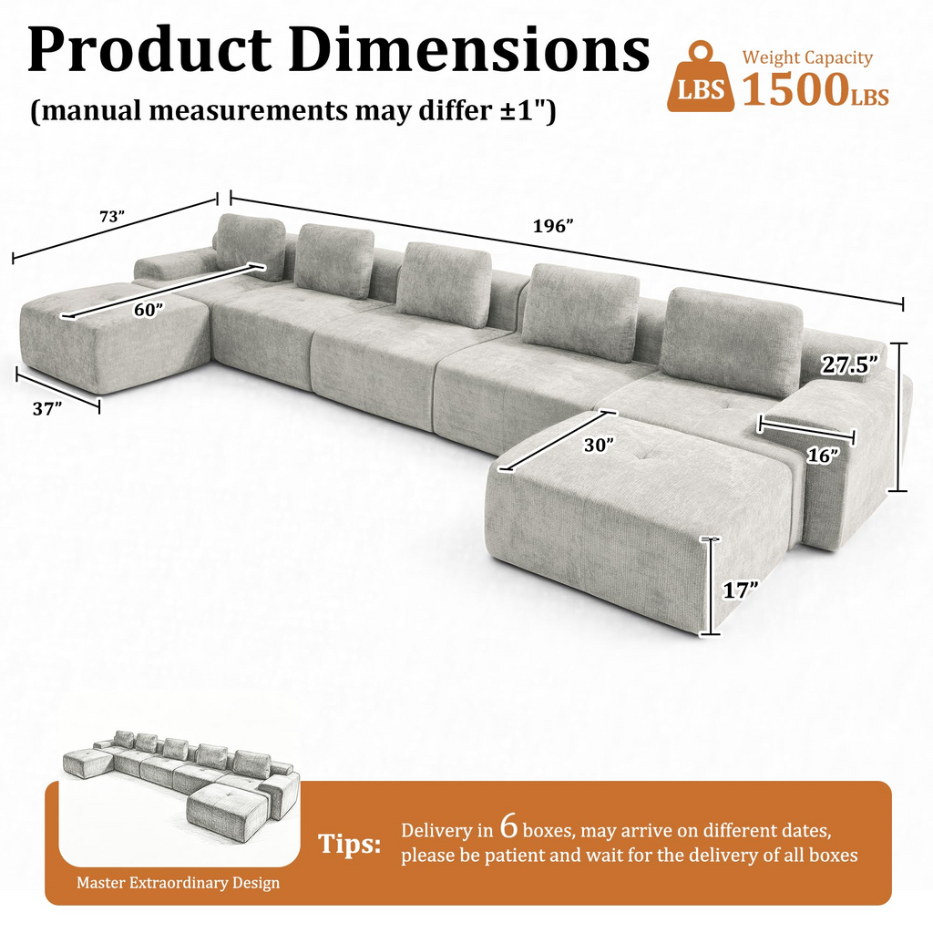 196" Modular Sectional Sofa,Cloud Couch with Extra Deep Seat & High Back,No Assembly,Soft Chenille Fabric,Memory Foam Couch for Living Room ,U shaped(5+2),Light Gray